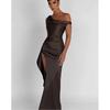 Women's One Shoulder Sleeveless High Waist Ruched Satin Bodycon Maxi Dress High Slit Irregular Evening Gown