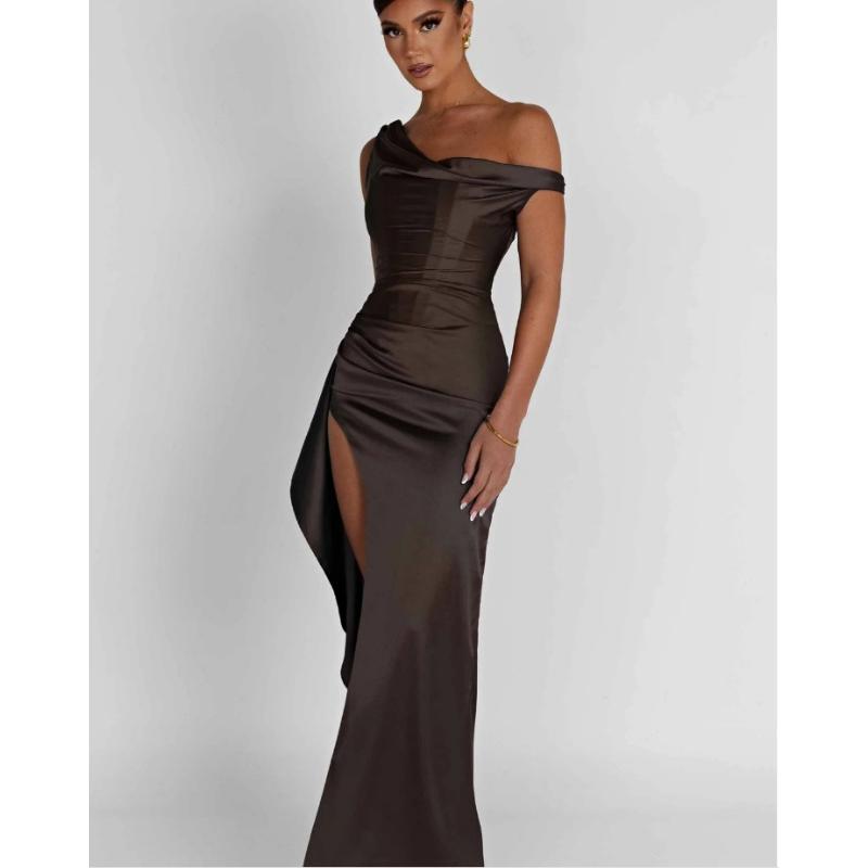 Women's One Shoulder Sleeveless High Waist Ruched Satin Bodycon Maxi Dress High Slit Irregular Evening Gown