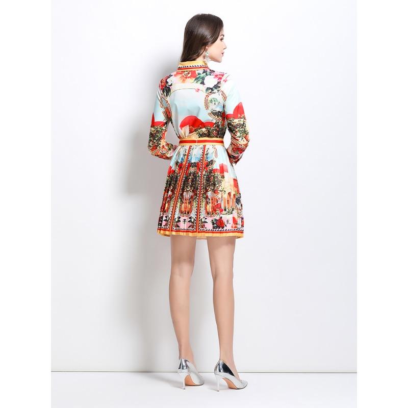 Spring Summer Designer Runway Print Letter 2 Piece Set Women's Lapel Shirt + Mini Short Pleated Skirt Office Lady Suits