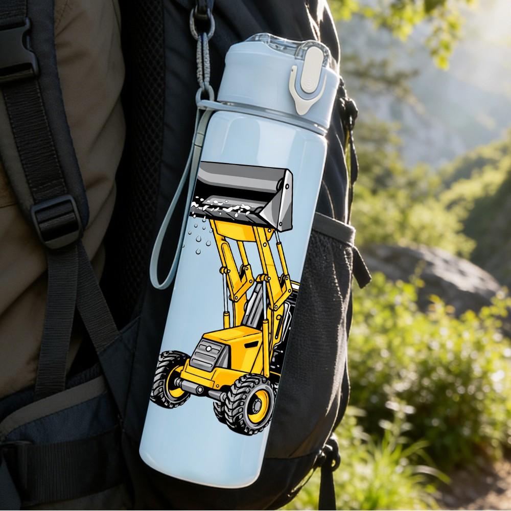 1PC Yellow Excavator Construction Print 750ml Color Plastic Sports Water Bottle Leakproof Flip Straw Lid Suitable for Sports Office Home Use