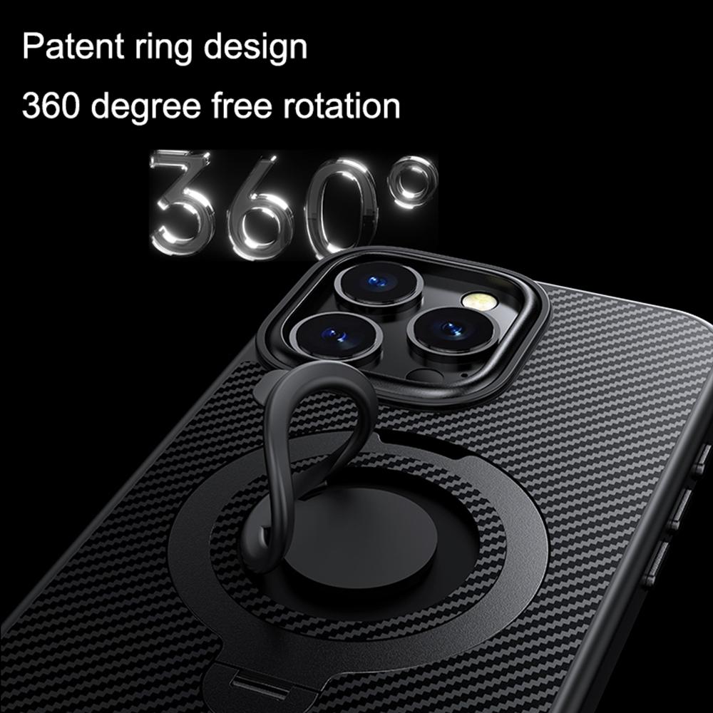For iPhone 16 Pro Case Compatible with MagSafe Kickstand Carbon Fiber Texture PC+TPU Phone Cover with Silicone Ring