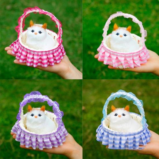 Cat In Flower Basket Model High Fidelity Fuzzy Kitty Shirring Lace Decor Battery-operated Soft Touch Plush Squeaking Feature Toy Figurine Holiday