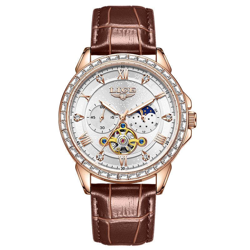 LIGE Men's Tourbillon Waterproof Mechanical Watch with Moon Phase