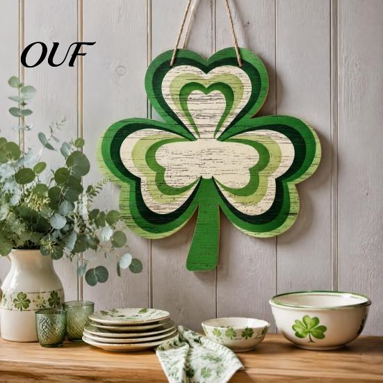Green Artificial Floral Wreath St. Patrick's Day Wooden Clover Door Sign with Hemp Rope, Rustic Double Layer Shamrock Hanging St Patricks Party