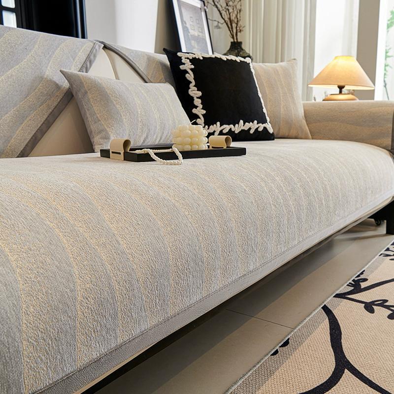 Housse de coussin de canapé en chenille, housse de canapé rayée, housse de canapé antidérapante pour canapé double, protection de canapé simple et moderne