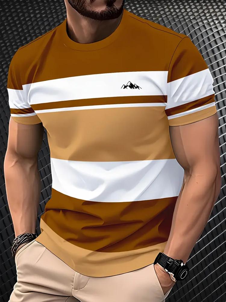 

Мужская футболка с коротким рукавом с 3D цифровой печатью, модный полосатый дизайн, дышащая футболка с круглым вырезом для повседневной носки 3XL коричневый