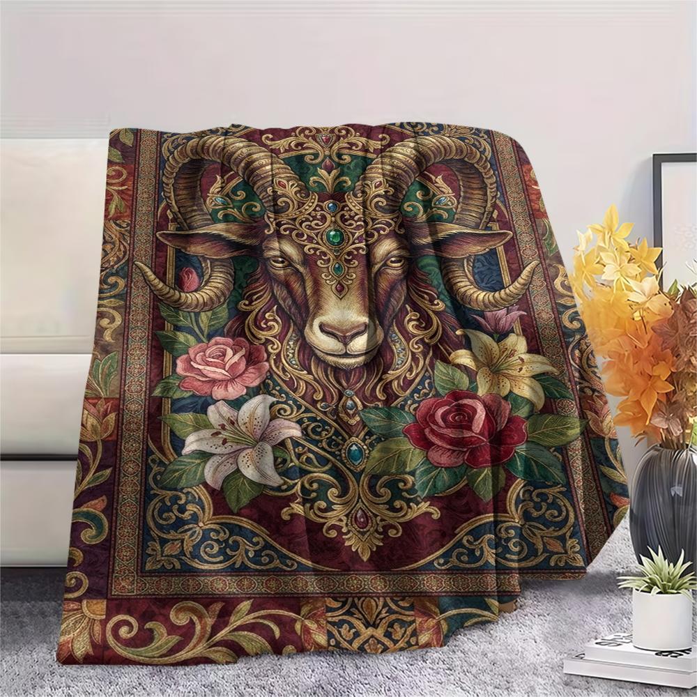 1Pc Goat Demon Print Flannel Blanket, High Quality Comfortable for All Seasons, Home Decor, Warmth and Comfort, Perfect for Christmas Gifts W141