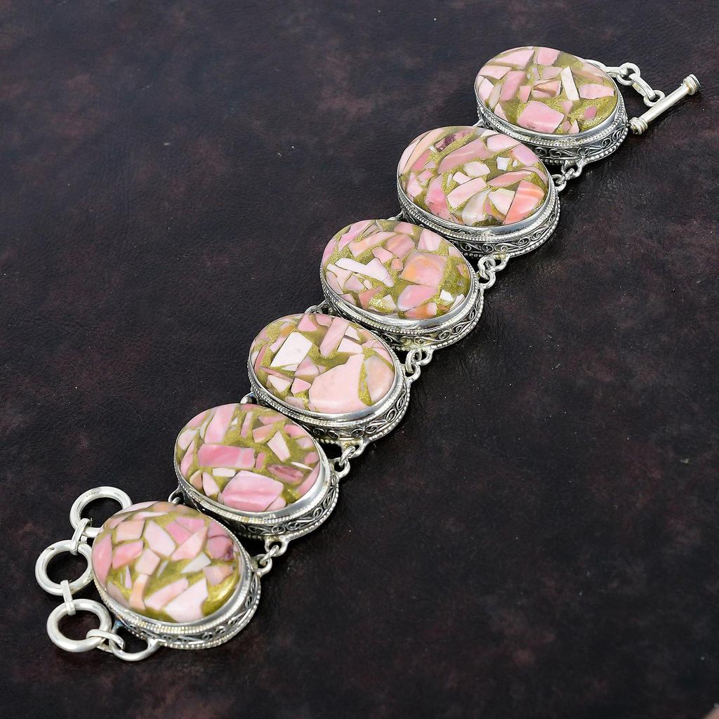 Copper Pink Opal Bracelet 925 Sterling Silver Bracelet Vintage Jewelry Adjustable Chain Bracelet Gemstone Handmade Bracelet Engagement Gifts
