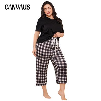 Summer Spring and Autumn V-neck Short-sleeved Tops and Trousers Women's Plus Size Pajamas