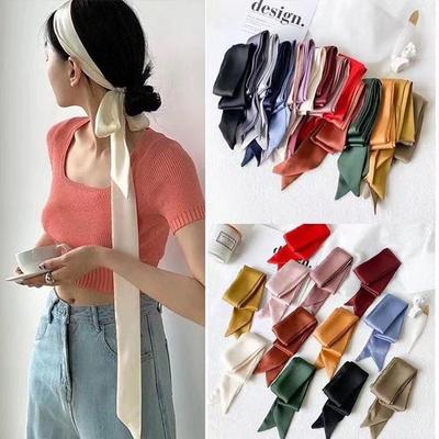 5x200cm Solid Color Silk Scarf for Women Versatile Narrow and Long Neckerchief Silk Satin Headband Fashionable Decoration Ribbon