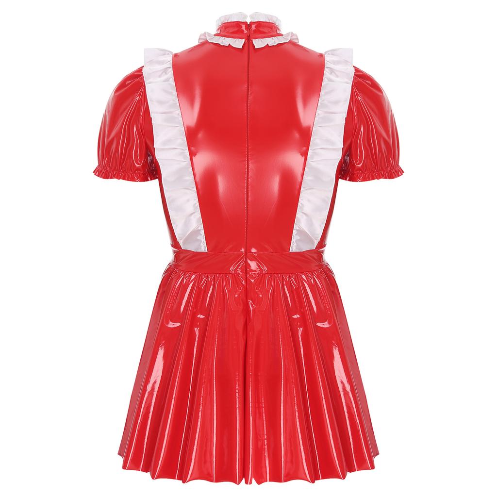 Mens Sissy Maid Dress Ruffles Trims Bow Apron Puff Sleeve A-Line Dress