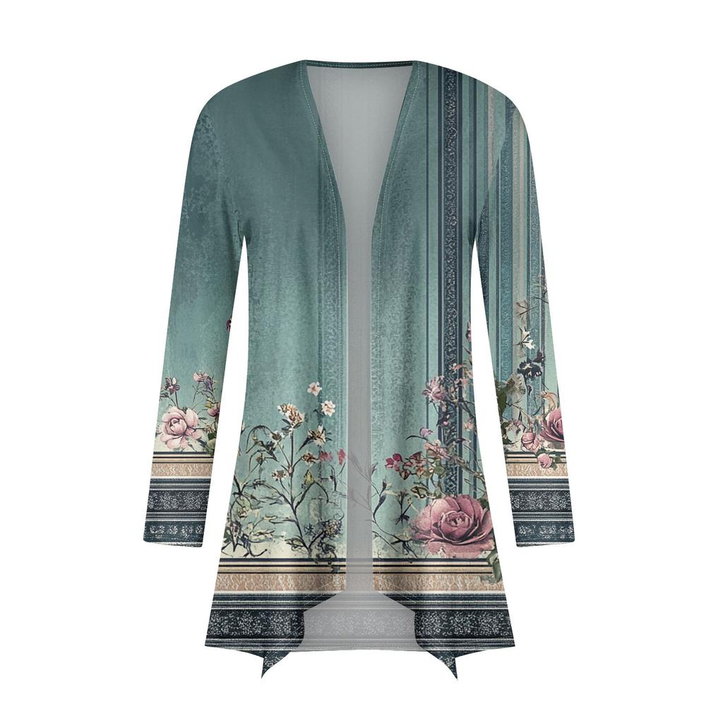 Women's Fashion Casual Vintage Floral Printed Mid-Length Cardigan Jacket