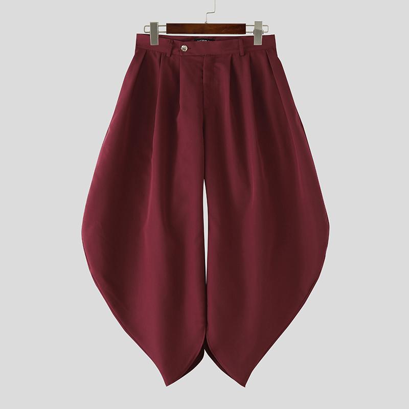 INCERUN Summer Men Zipper Waist Casual Ruffled Long Pants Trousers