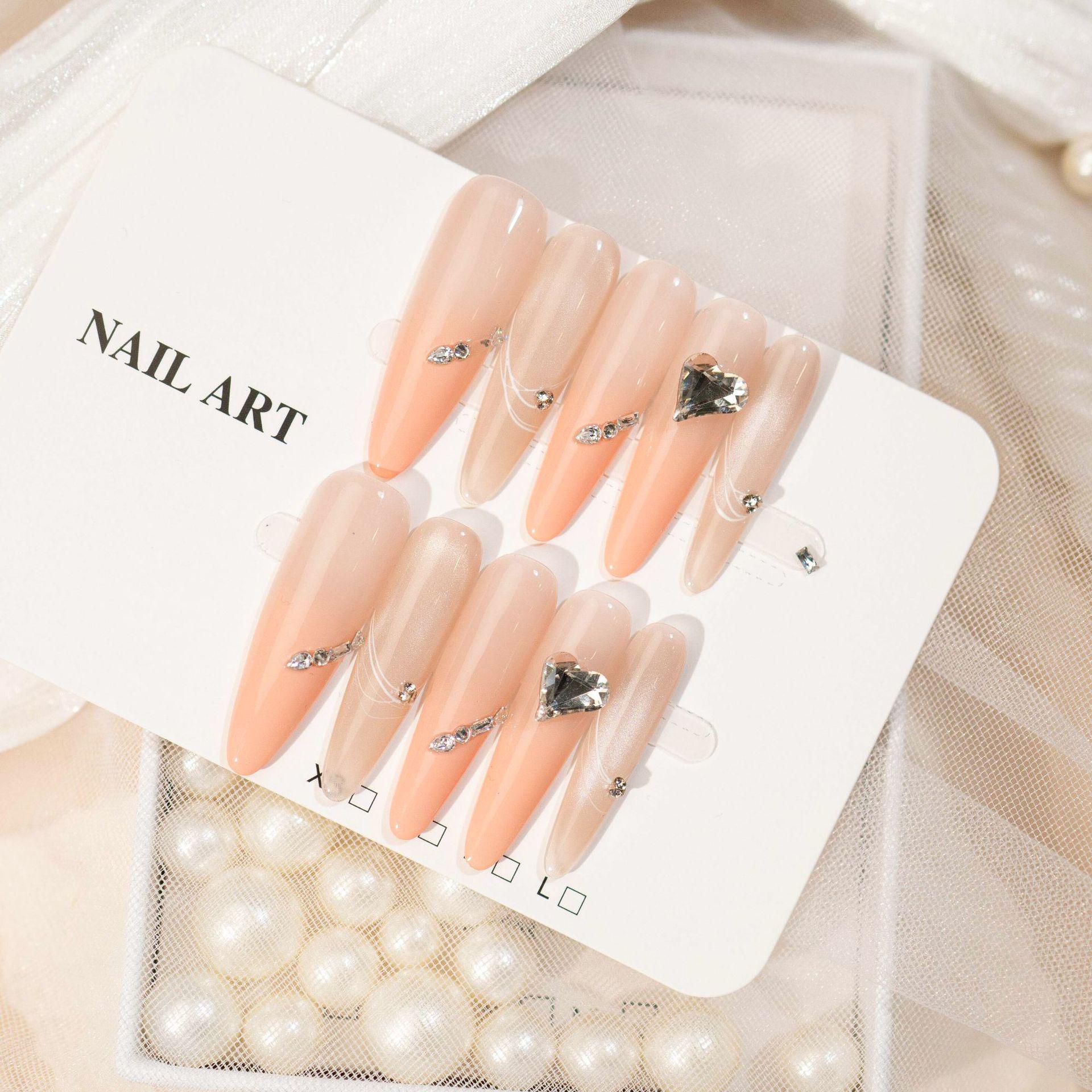 Handmade Long Gradient Nude Nails with Heart Rhinestones - Reusable Light Luxury Nail Art