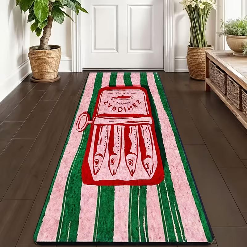 

Whimsical Sardine Runner Carpet, Red Can Motif on Pink-Green Stripe Rug, Playful Floor Mat for Kitchen & Hallway Decoration 40X120CM