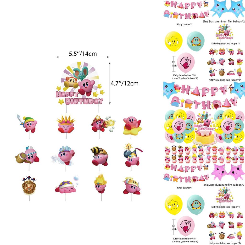 Kirby Themed Birthday Party Hanging Flag Decoration Set With Game Cake Insert Aluminum Foil Balloons Pull Flag Kit