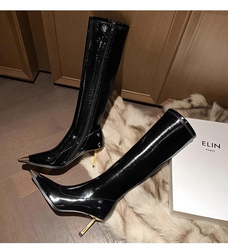 

YX новые тонкие сапоги квадратный носок тонкий каблук боковая молния лакированная кожа но до колена женские железный носок высокий каблук короткие сапоги высокие сапоги 40