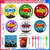 120 Pcs Super Theme Party Plates Cups And Napkins Forks For Comic Heroes Birthday Decorations 'S Action Sign Cityscape