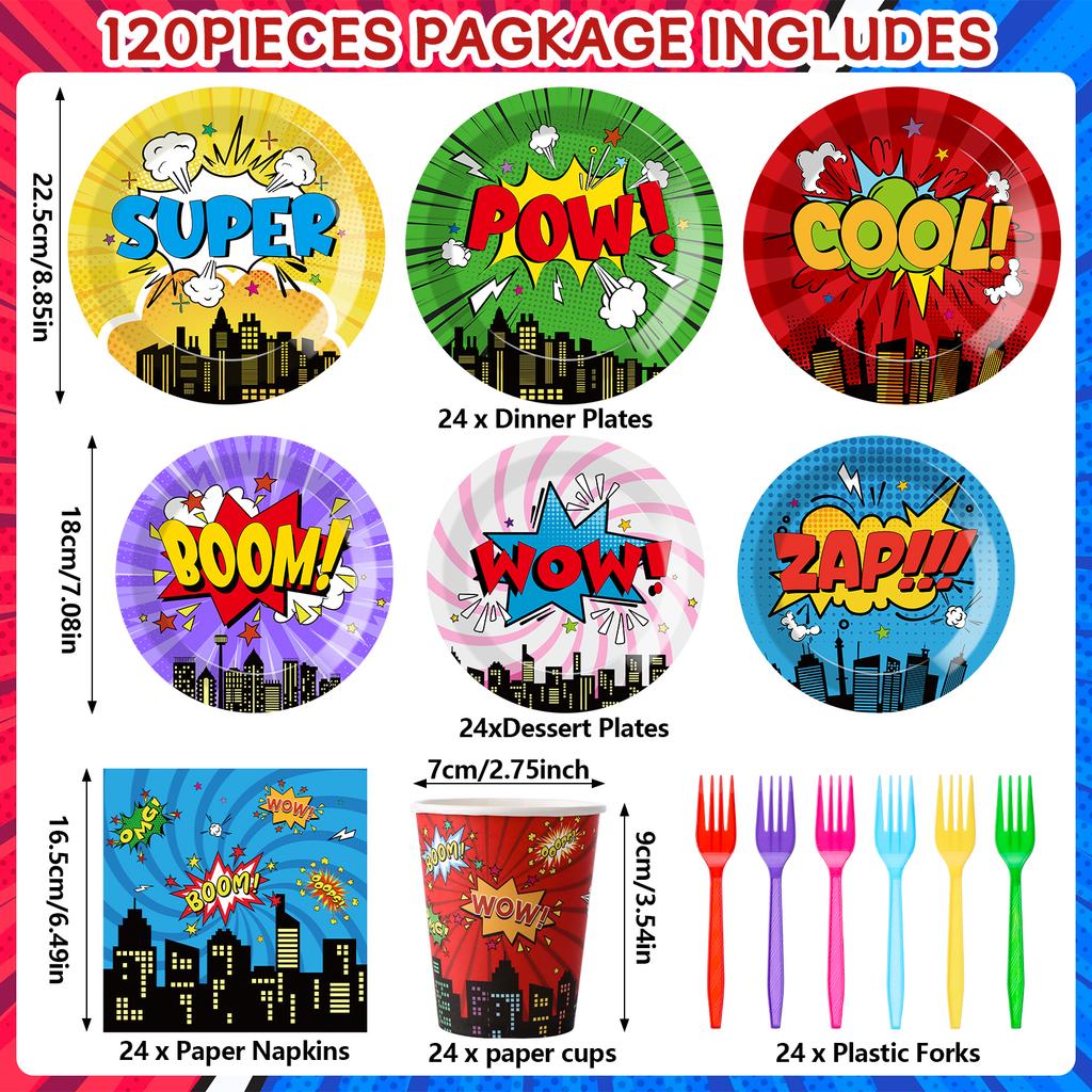 120 Pcs Super Theme Party Plates Cups And Napkins Forks For Comic Heroes Birthday Decorations 'S Action Sign Cityscape