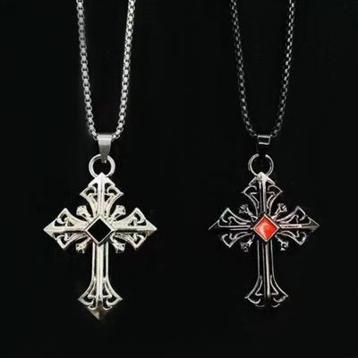 Fashion Personality Hollowed Out Pattern Red Gemstone Cross Pendant Necklace for Men Women Gothic Punk Halloween Jewelry Gifts