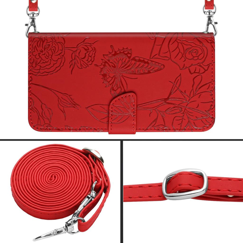 Für Motorola Moto G 5G (2025) Hülle Schmetterling Blumenprägung Leder Handyhülle mit Schultergurt