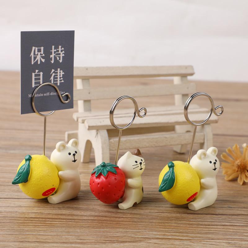 Creative Cute Cat Hugging Strawberry, White Bear Hugging Lemon Resin Message Holder, Desktop Decoration Photo Holder Note Holder