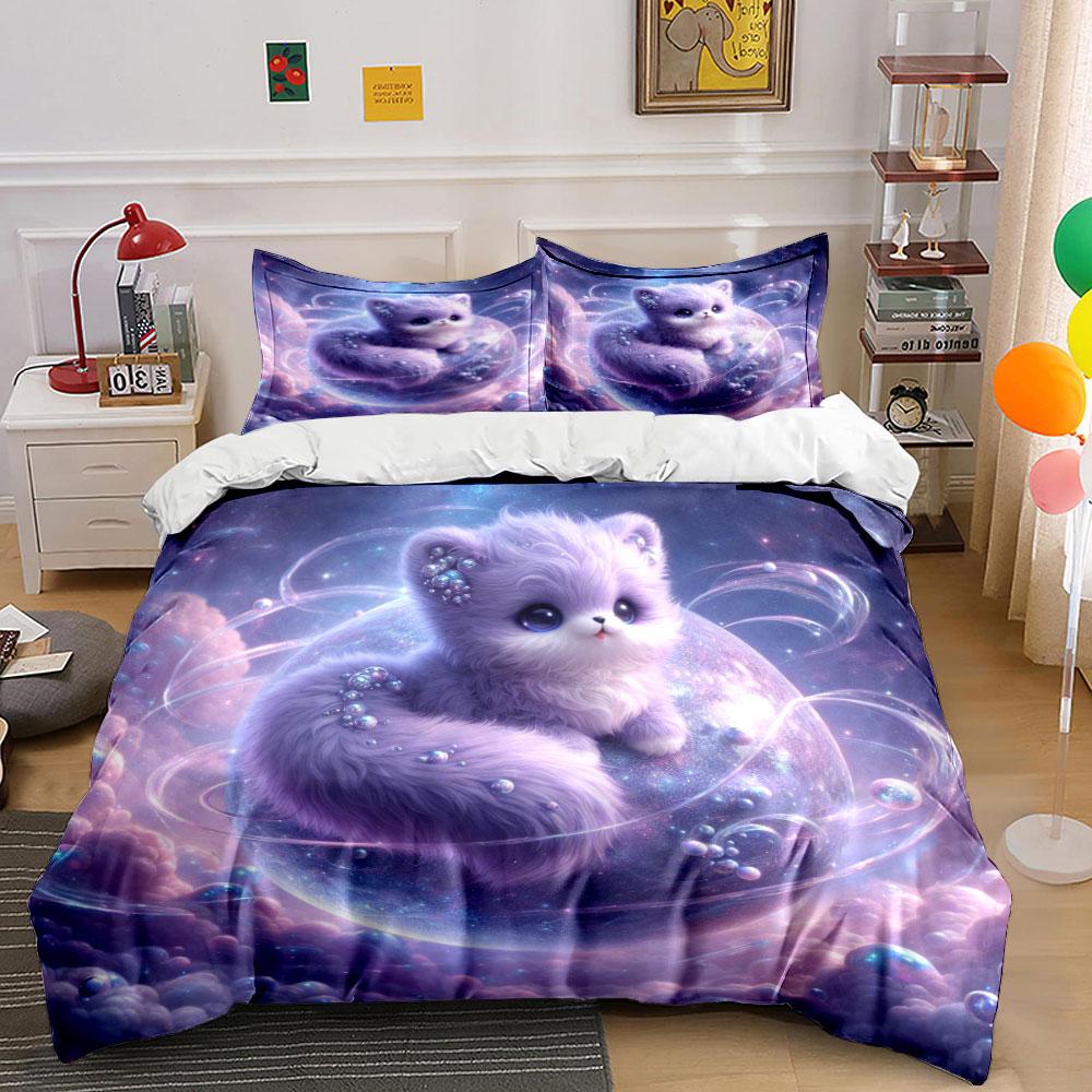 Fluffy Purple Creature On Starry Orb Duvet Cover Set With 3D Printing Design Soft Polyester Bedding Set All-Season Comfort