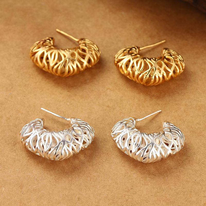 925 Sterling Silver Irregular Hollow Metal Woven Earrings – Women's Versatile Summer Ear Studs