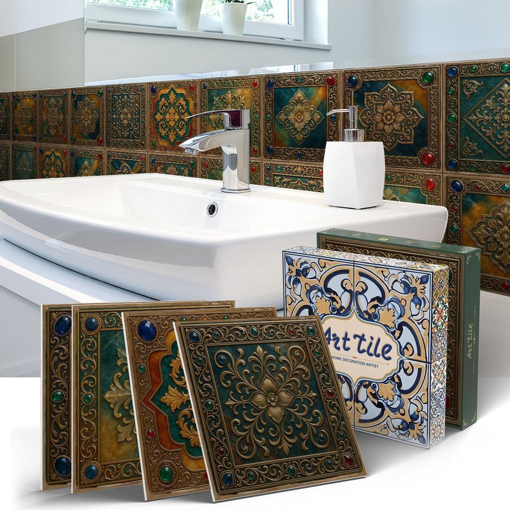 PET Foam Thickened Self-adhesive Wall Sticker, Waterproof and Anti-fouling European Mandala Wallpaper Tile Sticker for Kitchen and Bedroom