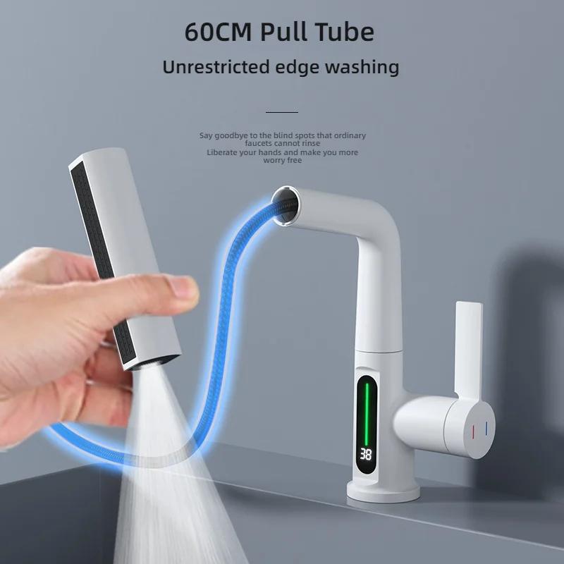 Cascade Dorée Température Affichage Numérique Robinet de Bassin d'Eau Chaud/Froid Mélangeur d'Évier Robinet de Salle de Bain/Cuisine Robinet Extensible