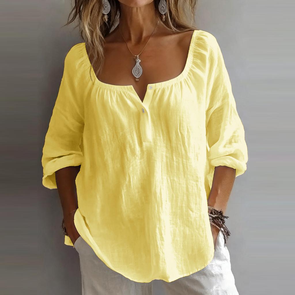 Women's Fashionable Casual Loose-Fit Cotton-Linen Blend V-Neck Long-Sleeve Pullover T-Shirt Top