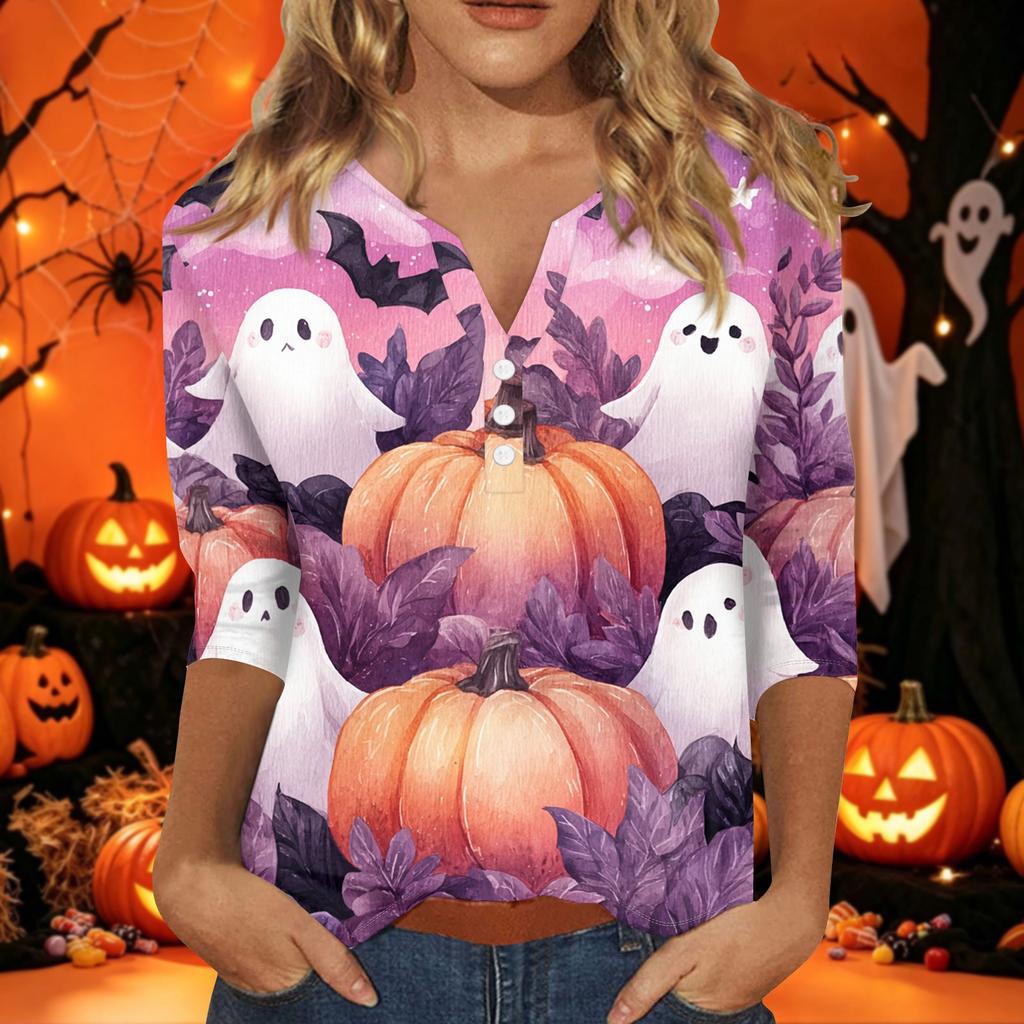 Women's Halloween Printed V-Neck Short Sleeve Tunic with Button and 3/4 Sleeves for Casual Fall Wear