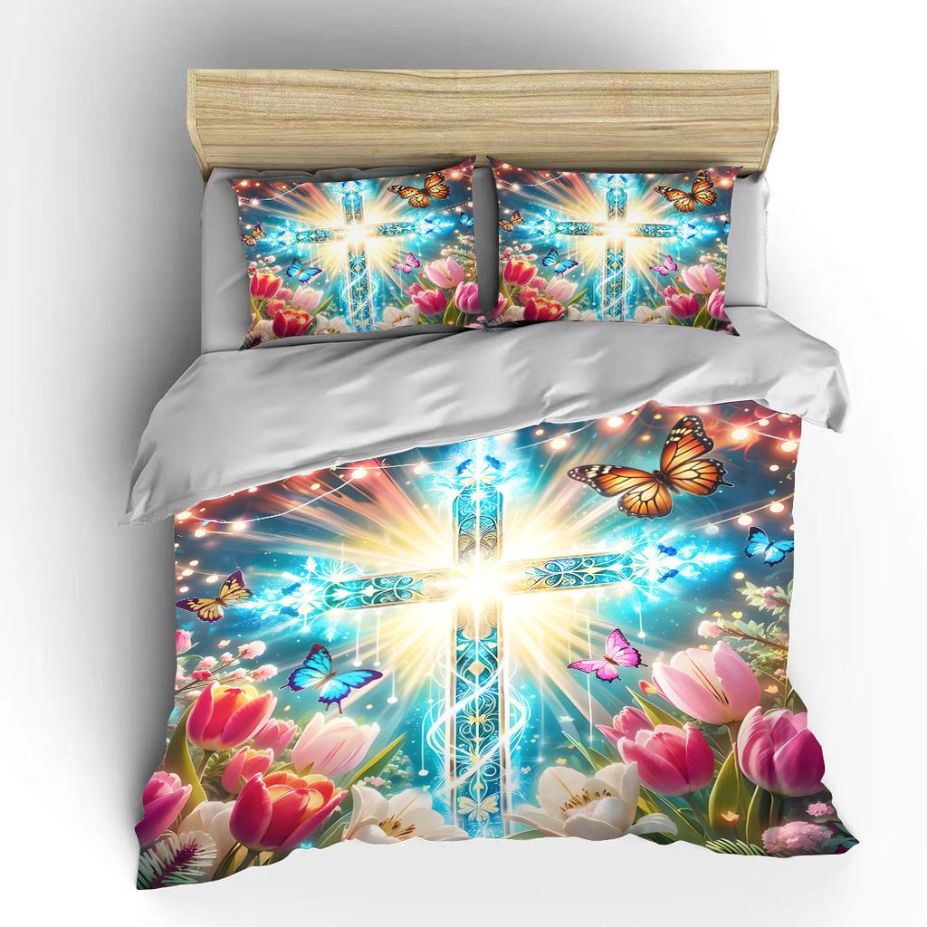 Colorful Cross with Butterflies and Flowers Print Bedding Set 1 Duvet Cover 2 Pillowcases for Adult and Children Luxury Gift