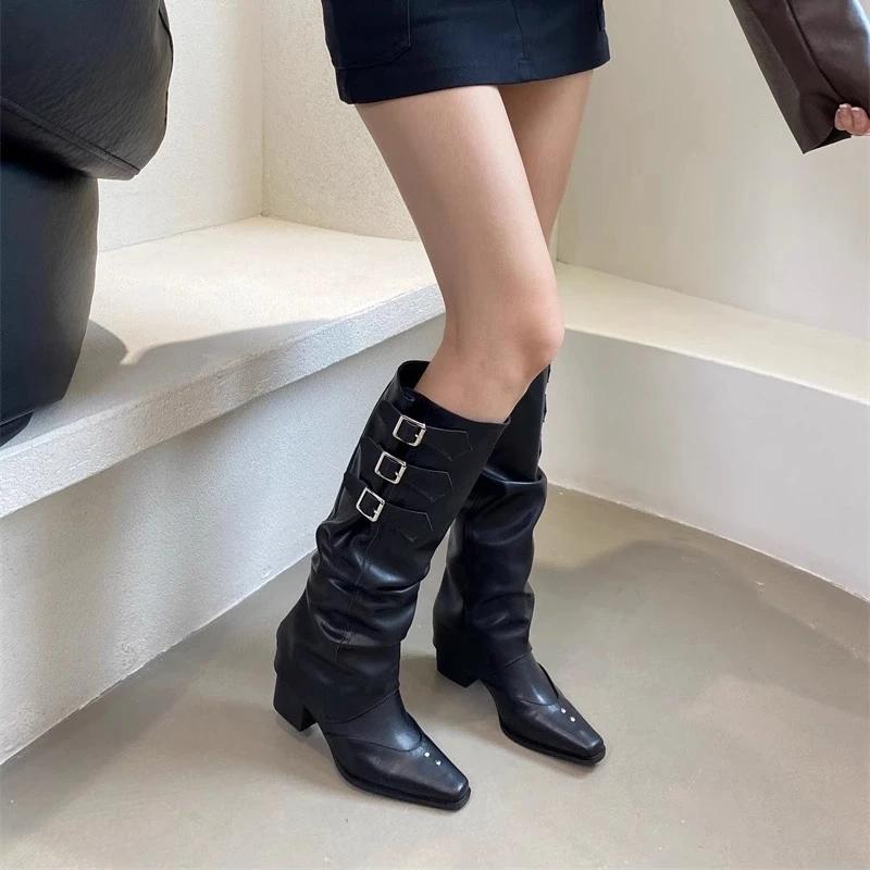 New Winter Two-wear Square Heel High Pointed Belt Buckle Trouser Boots Detachable Casual Slimming Fashion Boots for Women