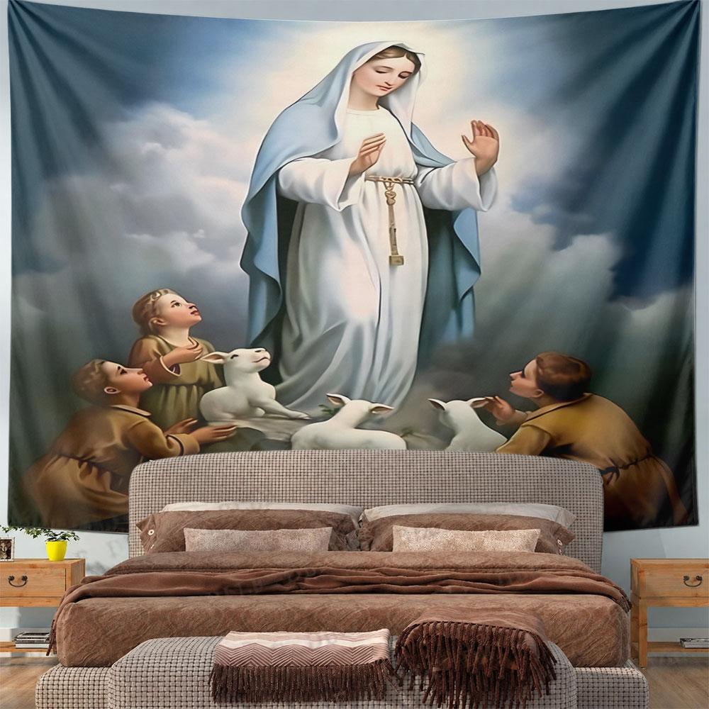 "Virgin Mary with Children and Lambs" Pattern Wall Hanging Tapestry Decorative Tapestry Home Decor for Bedroom and Living Room