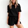 2 Pcs/Set Women T Shirt Shorts Set Round Neck Short Sleeves Waffle Texture Loose Solid Color Elastic Waist Casual Homewear Two Piece Sports Top