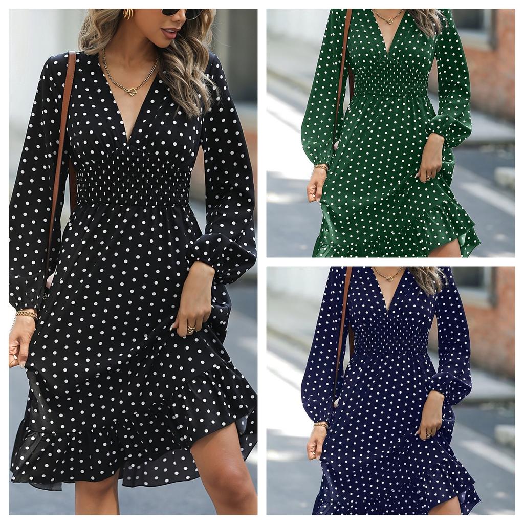 New European and American coat waist thin polka dot long sleeve foreign style dress