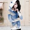 Women Plus Size Black Beige Printed Asymmetric Cutout Neck Hooded Long Sleeve Fitted Top