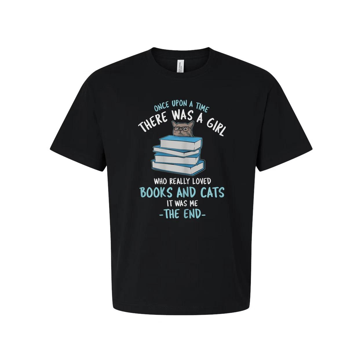 Unisex Graphic Tee With Cat On Stacked Books And Quotes About Books And Cats For L
