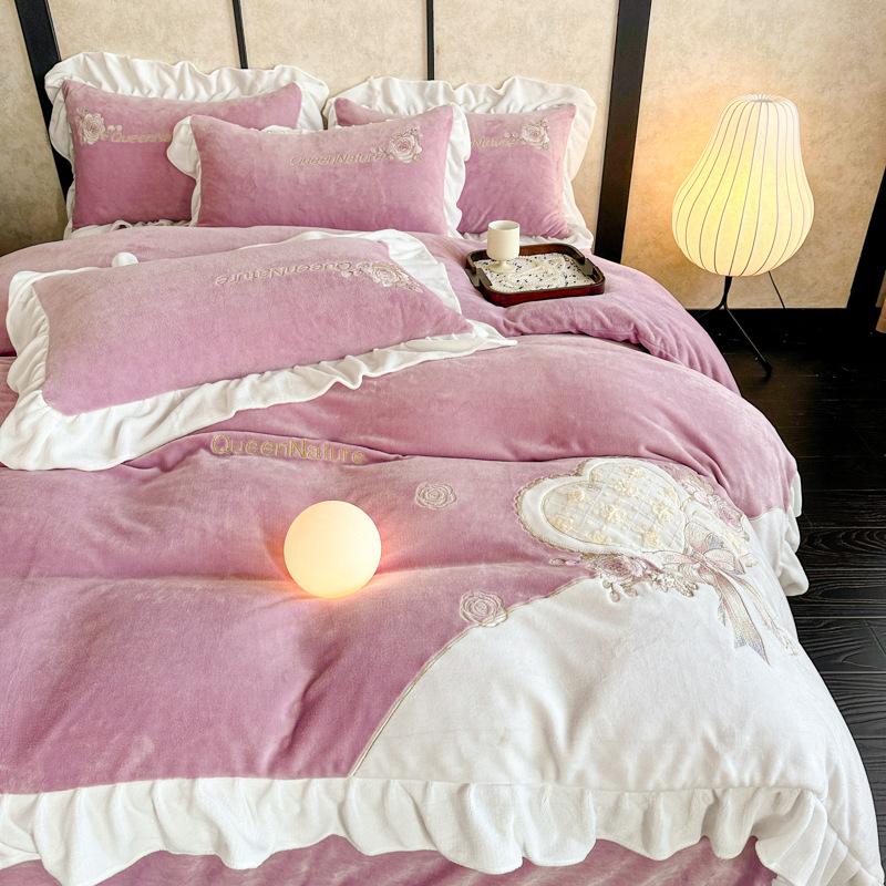 Thickened Milk Fleece Four-Piece Coral Fleece Double-Sided Fleece Bed Quilt Cover Flannel Bedding