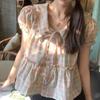 Colorful Checkered Women's Shirt Peter Pan Collar Bow Tie Lace Up Ruffle Edge Pleated Puff Sleeves Blouse Summer New Version Sweet Female's Top