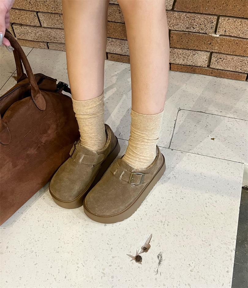 

Thick-soled heightening Boken shoes women s autumn and winter 2025 new velvet one-pedal loafers retro casual warm cotton shoes 39 верблюд