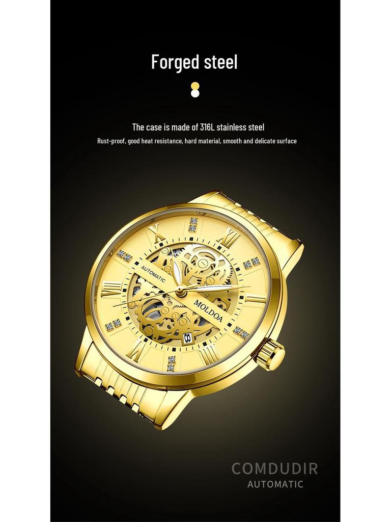 Herren Trendige Wasserdichte Automatische Mechanische Uhr mit Leuchtanzeige und Kalender