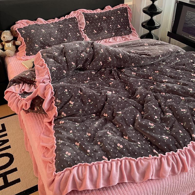 

Премиальный леопардовый принт Утолщенный молочный флис Плюш кролика Кружево Покрывало на кровать Четыре предмета Теплый Двусторонний флис Шапка на кровать 1.8m bed4pc 200x230cm quilt core