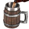Viking Wood Style Beer Mug Simulation Wooden Barrel Beer Cup Double Wall Drinking Mug Metal Insulated Bar Drinking