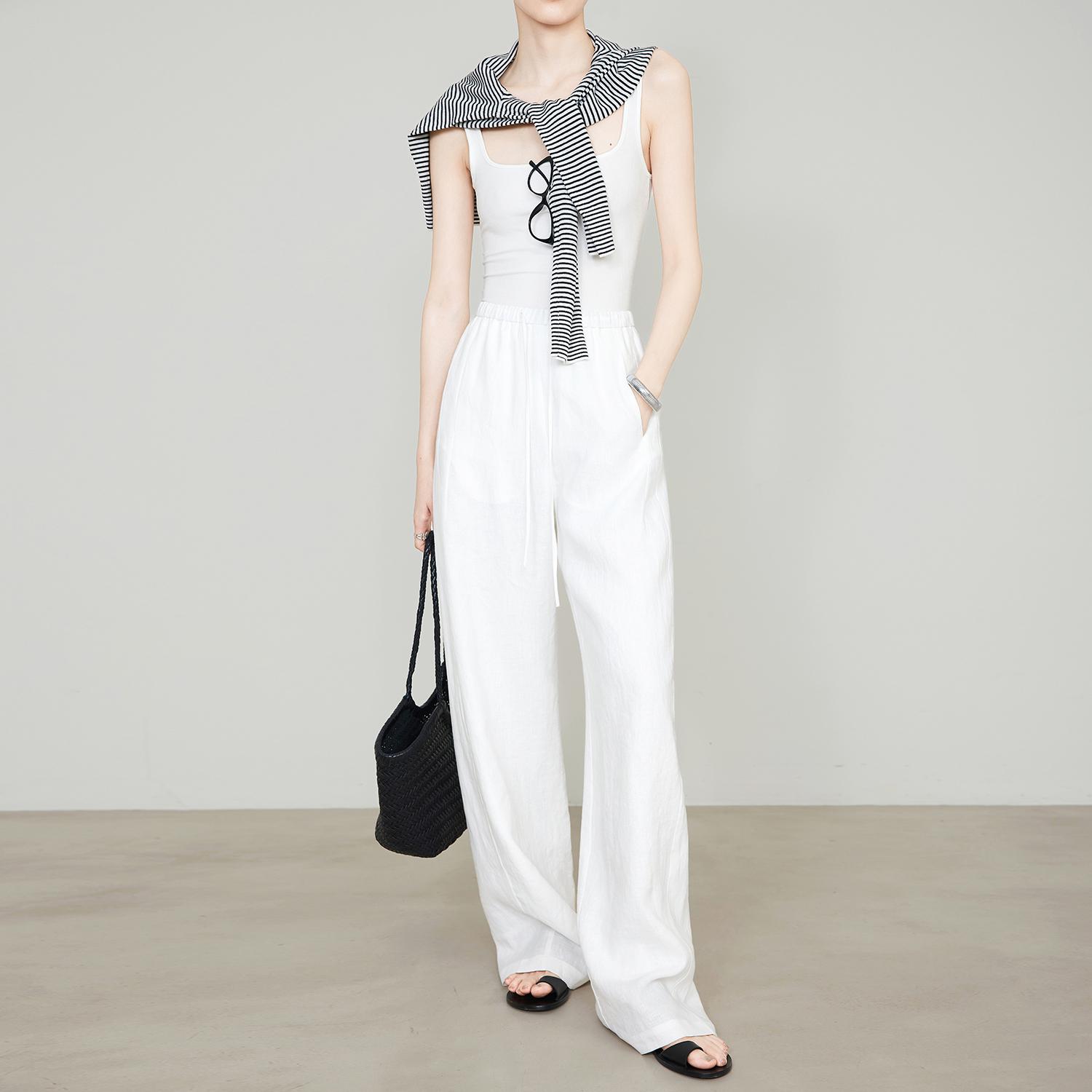 Women s White Straight-Leg Linen Pants, Elastic Waist, Spring/Summer Old Money Style, Extended Length. Medium
