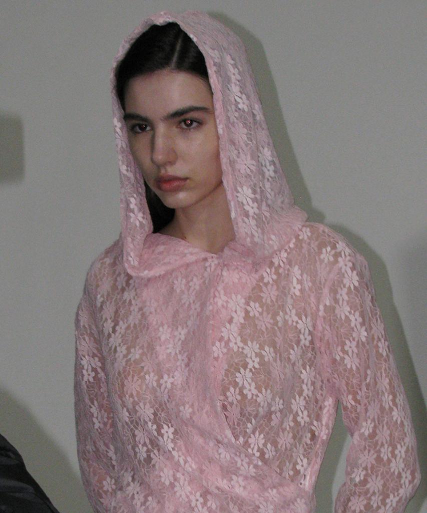 Lace Drape Hoodie Top_Pink
