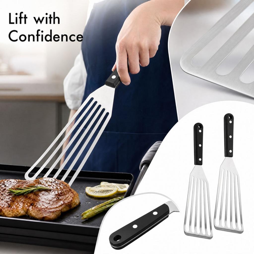 Stainless Slotted Turner Spatula for Cooking Steak and Fish - Flat for Grill, Griddle and Frying Pan