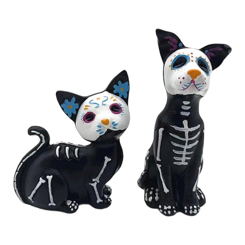 Halloween Resin Cat Dog Figurine Cute Sugar Skull Animal Decors For Desk Shelf Window Display Party Decoration Gift