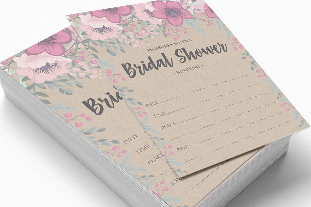 Inkdotpot 30 Einladungen zur Brautparty, rustikales Kraftpapier mit Blumenmuster, Hochzeitseinladungen zum Ausfüllen, blanko